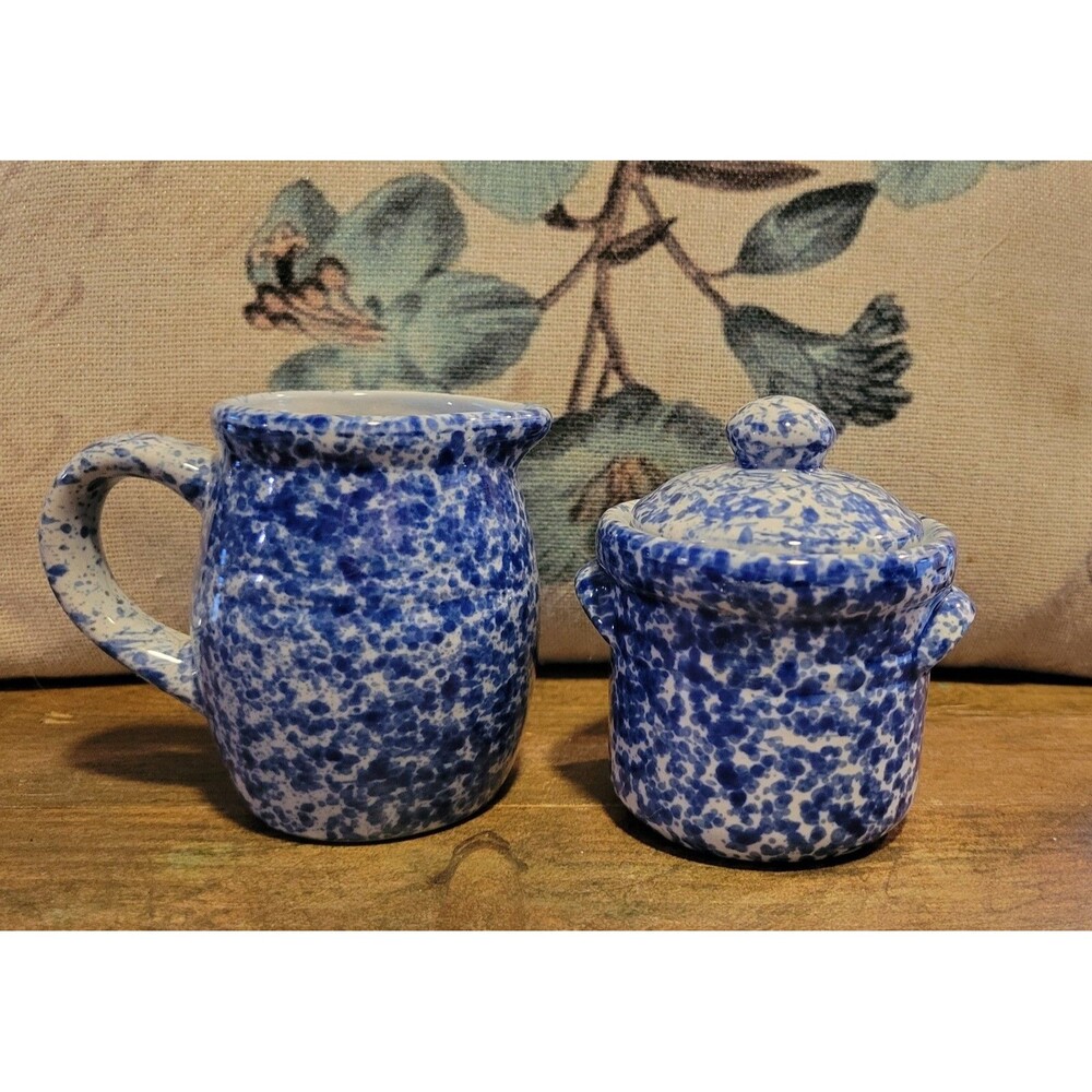 Adorable Blue and White Spongeware Sugar Bowl & Creamer Set - 1950's